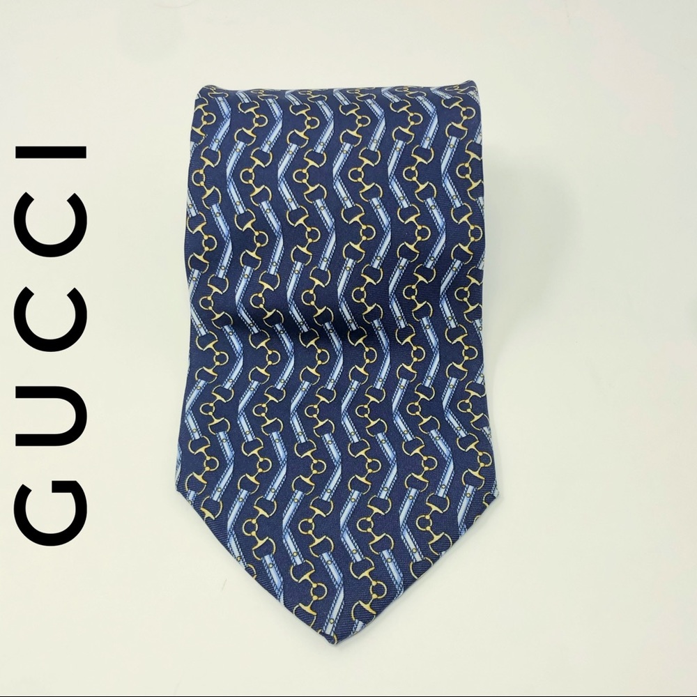 Vintage Gucci Blue Wavy Horsebit Silk Tie EUC